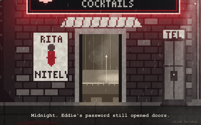 Cutscene: the Blue Moon's doors swing open in the rain