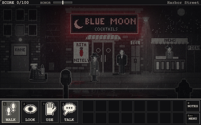 Harbor Street at night, the Blue Moon's neon in the rain