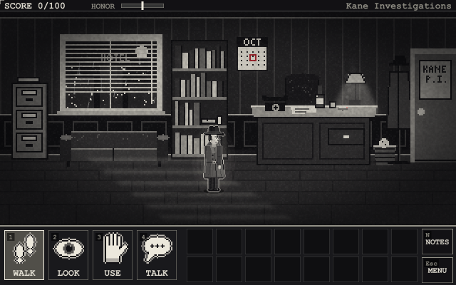 Kane's office. Verbs at the bottom left, inventory in the middle, NOTES and MENU on the right; score and honor at the top.