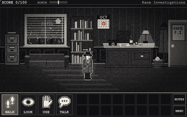 Kane's office. Verbs at the bottom left, inventory in the middle, NOTES and MENU on the right; score and honor at the top.